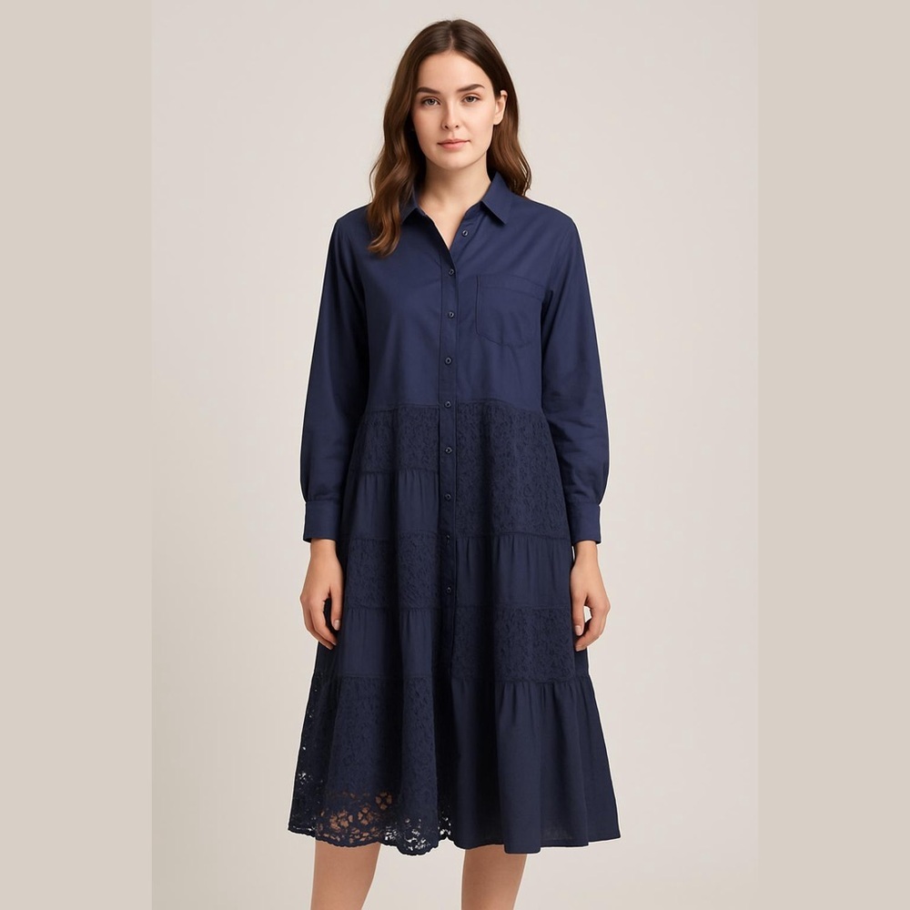 Mo.Auggi Navy Midi Lace Panelled Asymmetrical Shirt Dress Size 2/Medium